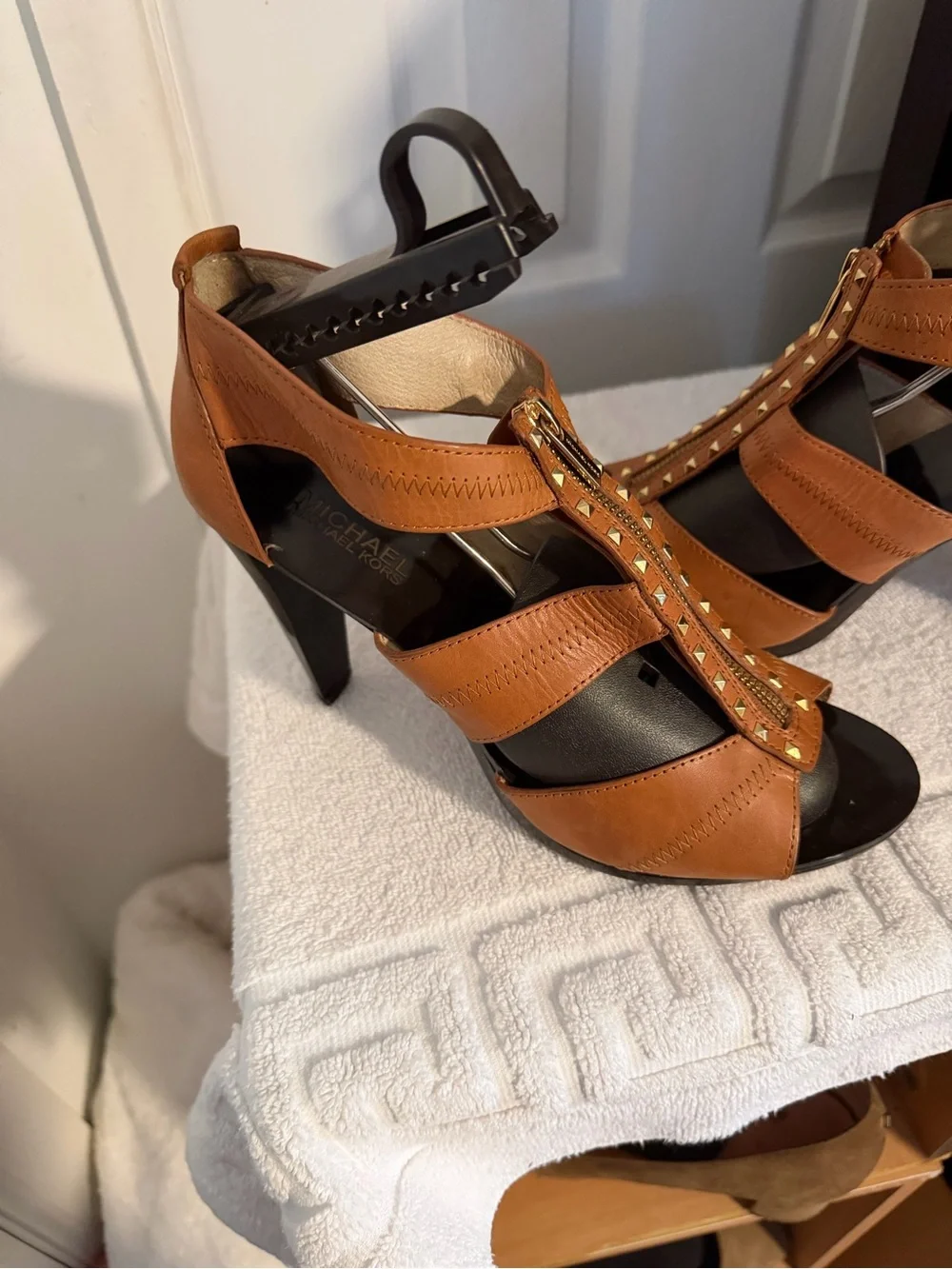 Michael Kors Cognac Leather Studded Zip Front Heels